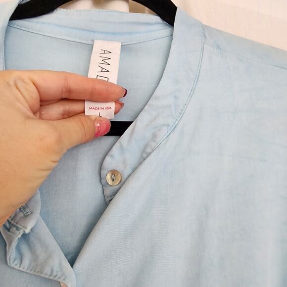 Anthropologie Amadi puff sleeve blouse L tencel Romantic Bohemian Blue Peasant - Picture 9 of 13